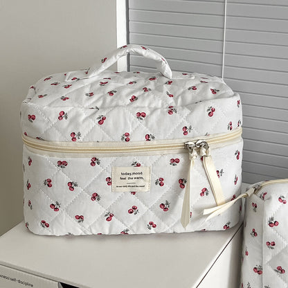 Portable Cherry Makeup Bag for Women Cotton Quilted Zipper Handbag, Cute Fashion Travel Cosmetic Pouch, Toiletry Storage