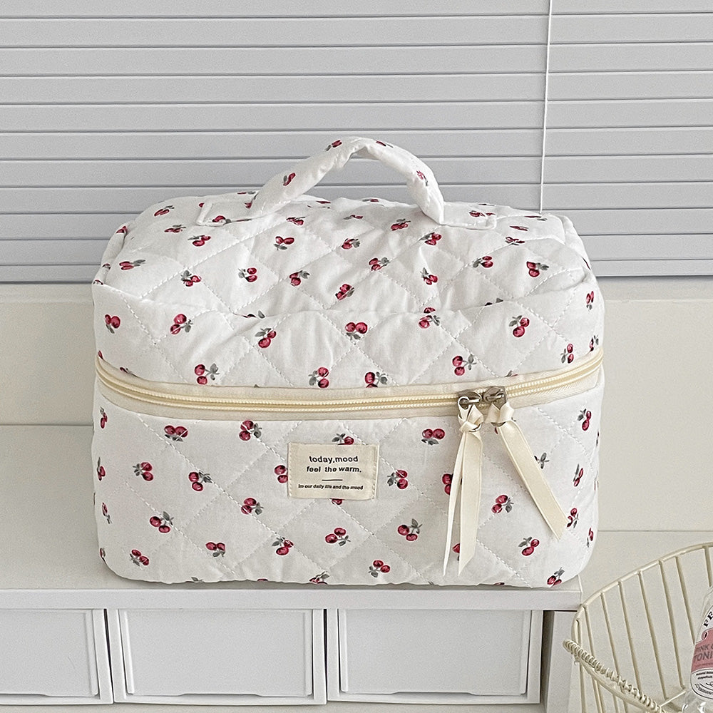 Portable Cherry Makeup Bag for Women Cotton Quilted Zipper Handbag, Cute Fashion Travel Cosmetic Pouch, Toiletry Storage