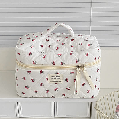 Portable Cherry Makeup Bag for Women Cotton Quilted Zipper Handbag, Cute Fashion Travel Cosmetic Pouch, Toiletry Storage