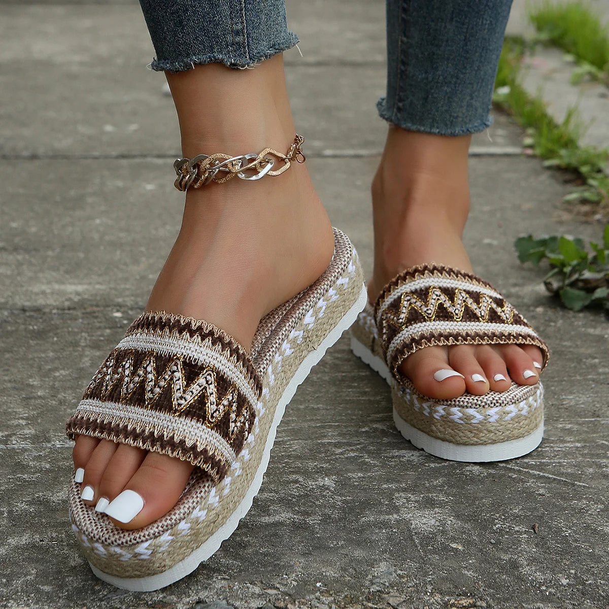Bohemian Handmade Ladies Espadrilles, Weave Women's Slippers Platform Summer Shoes for Beach & Casual Outfits
