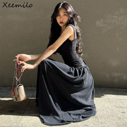 WhereMery Elegant Ruched Slip Maxi Dress for Women