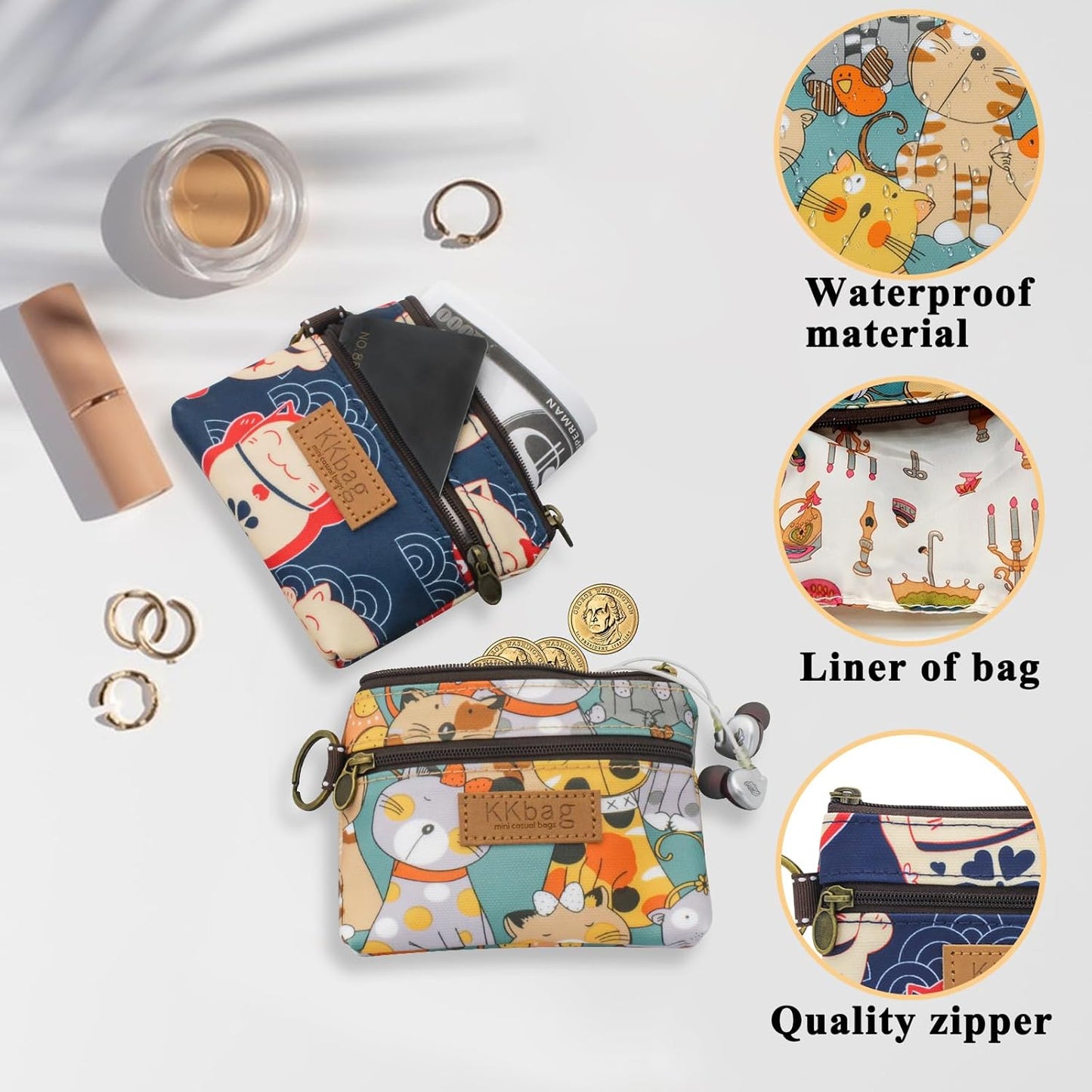 Cartoon Small Coin Purse Cute Animals Wallet Zipper Pouch, Lightweight Terylene Key Card Money Holder for Students Women