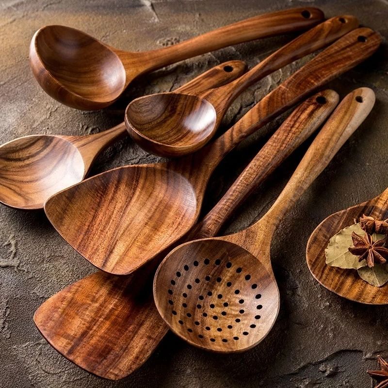 1 to 10 Piece Smooth Teak Wooden Cooking Spoons Set