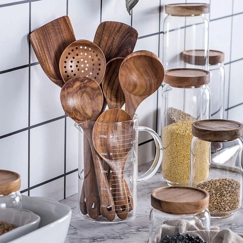 1 To 10 Piece Smooth Teak Wooden Cooking Spoons Set 3