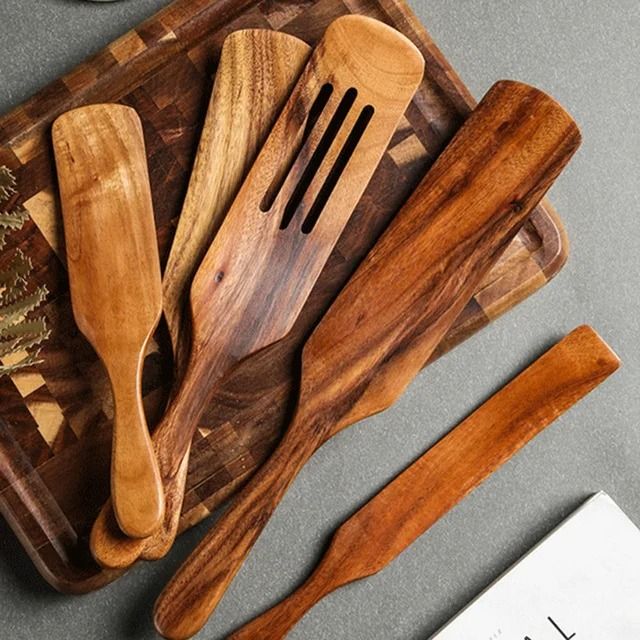 1 To 10 Piece Smooth Teak Wooden Cooking Spoons Set 6