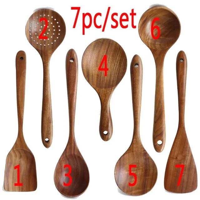 1 To 10 Piece Smooth Teak Wooden Cooking Spoons Set 7