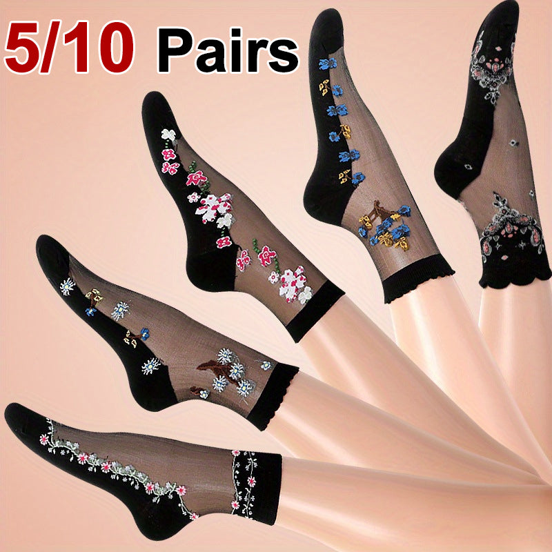 Women Floral Print Mid Tube Socks, Summer Thin Design, Sweat Absorbing & Breathable for All-Day Comfort