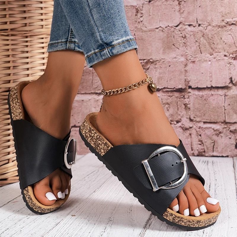 Womens Solid Color Buckle Cover For Flat Heeled Slippers 1