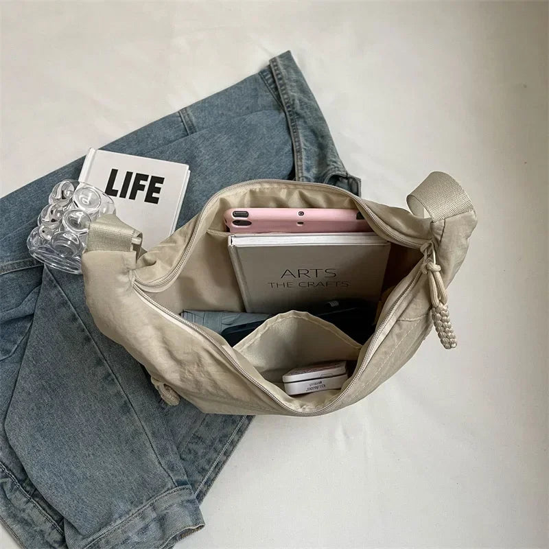 Trendy Soft Cloth Crossbody Bag for Women, Big Solid Color Student Casual Shoulder Hobo Handbag