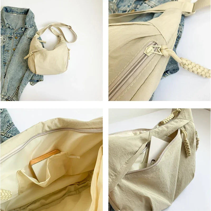 Trendy Soft Cloth Crossbody Bag for Women, Big Solid Color Student Casual Shoulder Hobo Handbag