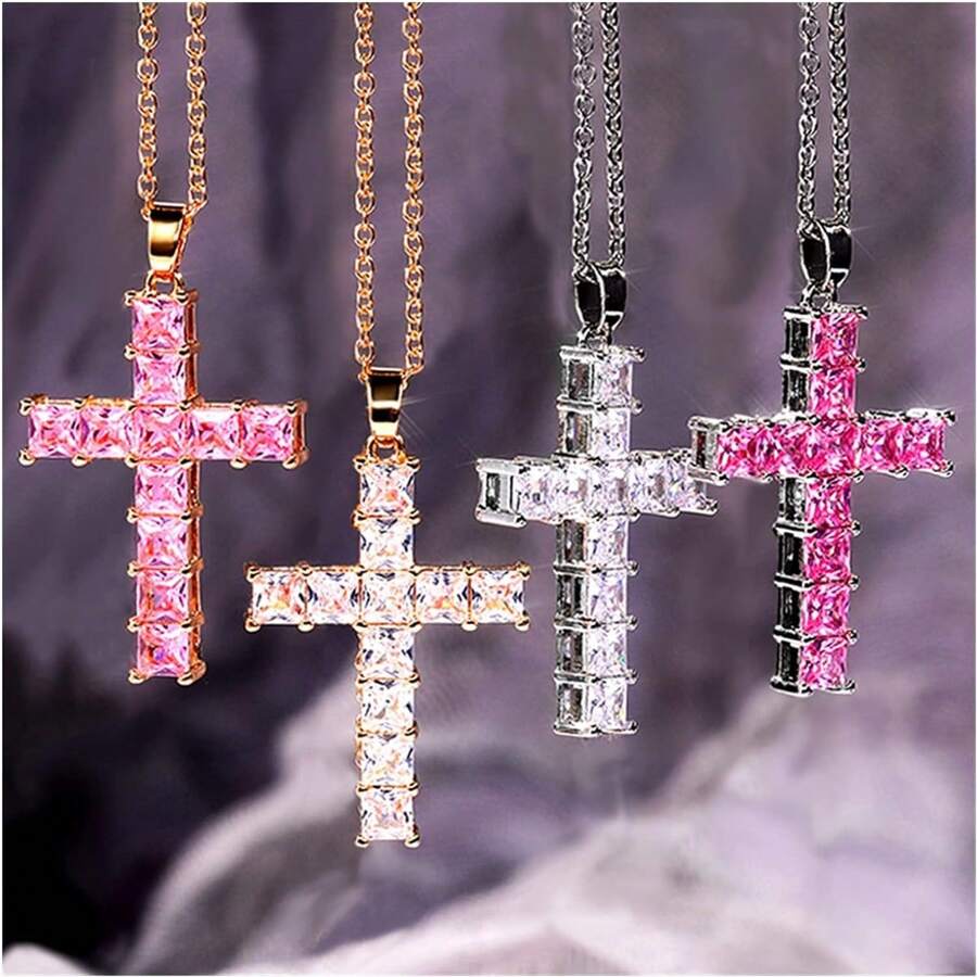 Fashion Necklaces for Women – Elegant Gold Jesus Cross Pendant with Multi-Color Crystals, Perfect for Party & Leisure