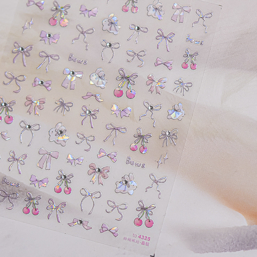1 Piece Kawaii Red Cherry Bow Nail Stickers 5D Cute Fruit Design Adhesive Decorative Stickers for High-Quality Nail Art