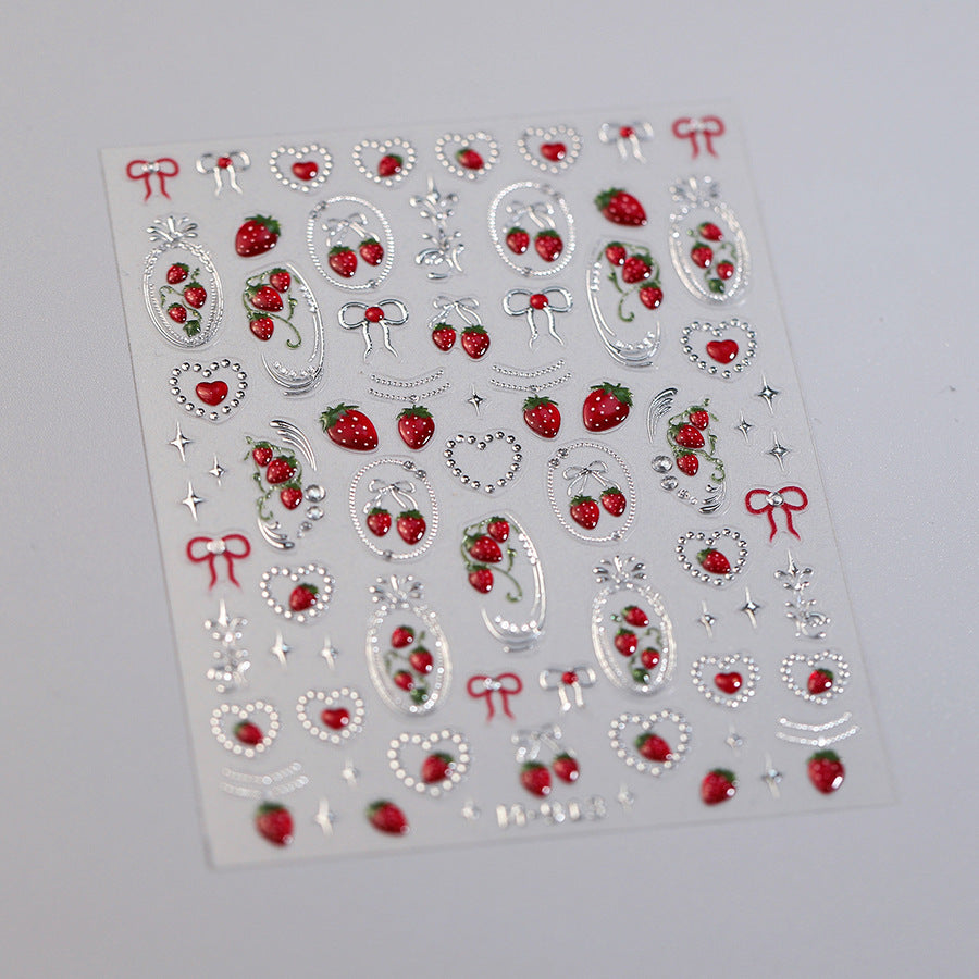 1 Piece Kawaii Red Cherry Bow Nail Stickers 5D Cute Fruit Design Adhesive Decorative Stickers for High-Quality Nail Art