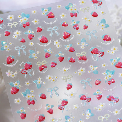 1 Piece Kawaii Red Cherry Bow Nail Stickers 5D Cute Fruit Design Adhesive Decorative Stickers for High-Quality Nail Art