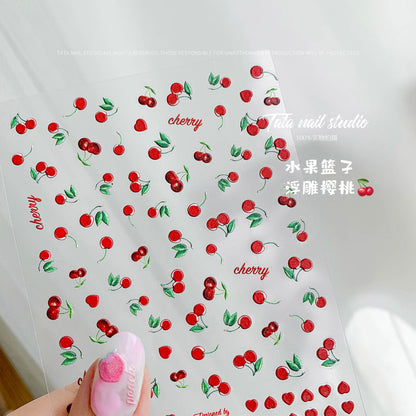 1 Piece Kawaii Red Cherry Bow Nail Stickers 5D Cute Fruit Design Adhesive Decorative Stickers for High-Quality Nail Art