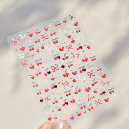 1 Piece Kawaii Red Cherry Bow Nail Stickers 5D Cute Fruit Design Adhesive Decorative Stickers for High-Quality Nail Art