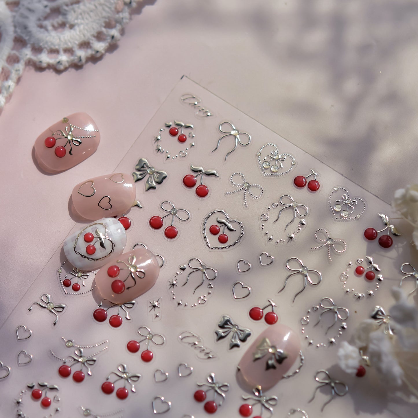 1 Piece Kawaii Red Cherry Bow Nail Stickers 5D Cute Fruit Design Adhesive Decorative Stickers for High-Quality Nail Art