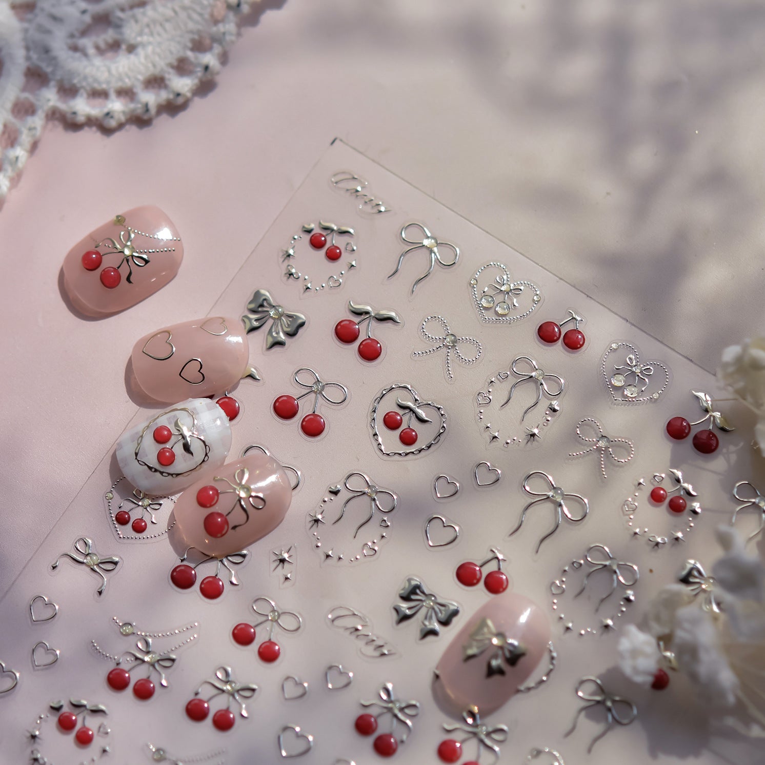 1 Piece Kawaii Red Cherry Bow Nail Stickers 5D Cute Fruit Design Adhesive Decorative Stickers for High-Quality Nail Art