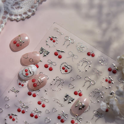 1 Piece Kawaii Red Cherry Bow Nail Stickers 5D Cute Fruit Design Adhesive Decorative Stickers for High-Quality Nail Art