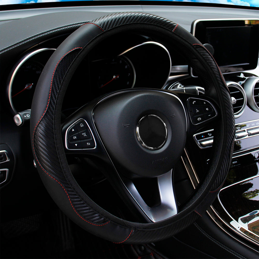 Premium PU Leather Carbon Fiber Car Steering Wheel Cover – Fits 14.5-15 Inches (No Inner Ring)