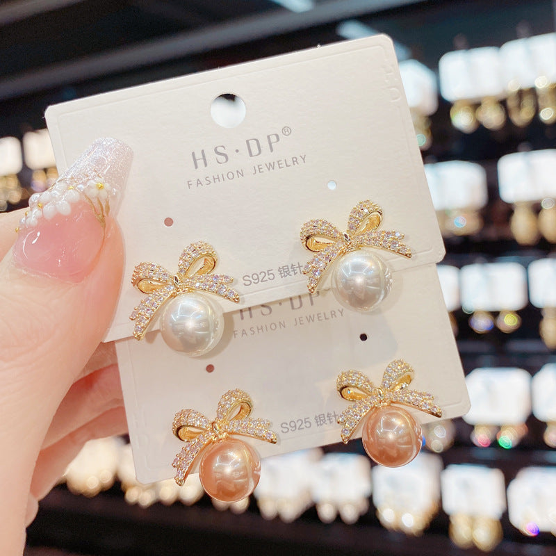 Sparkling Rhinestone Bow Pearl Stud Earrings, Light Luxury Fashion Jewelry for Women,Elegant Wedding & Birthday Gift