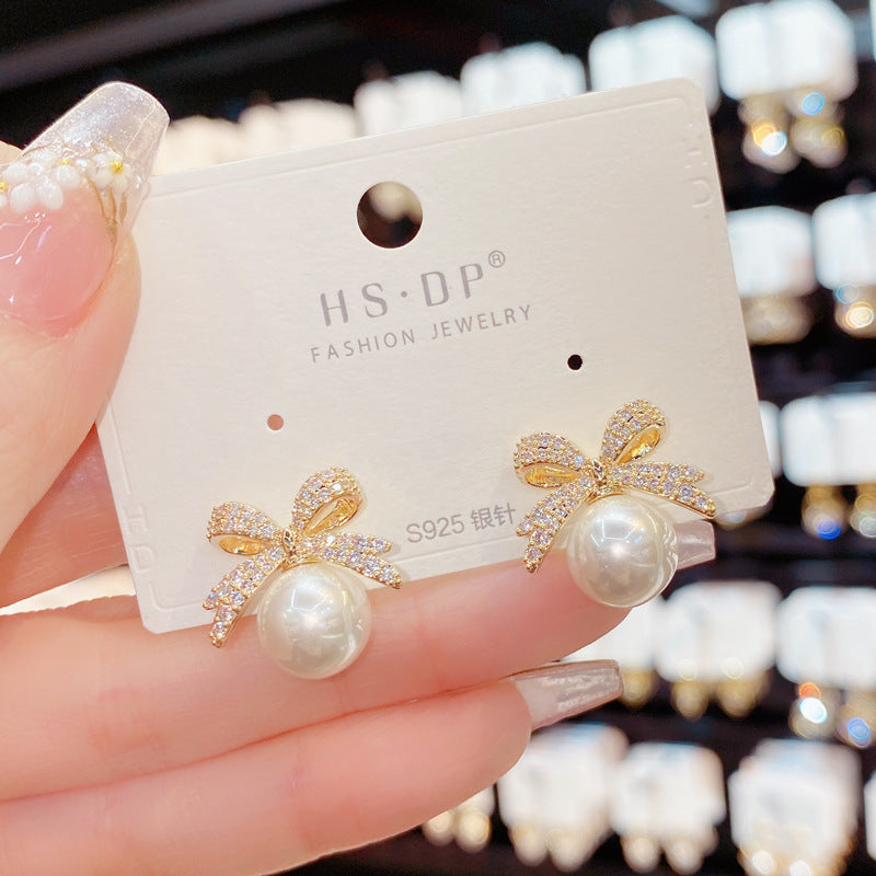Sparkling Rhinestone Bow Pearl Stud Earrings, Light Luxury Fashion Jewelry for Women,Elegant Wedding & Birthday Gift