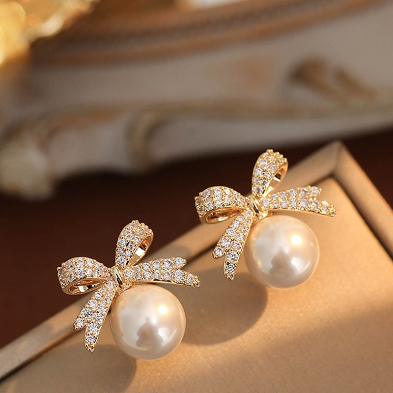 Sparkling Rhinestone Bow Pearl Stud Earrings, Light Luxury Fashion Jewelry for Women,Elegant Wedding & Birthday Gift