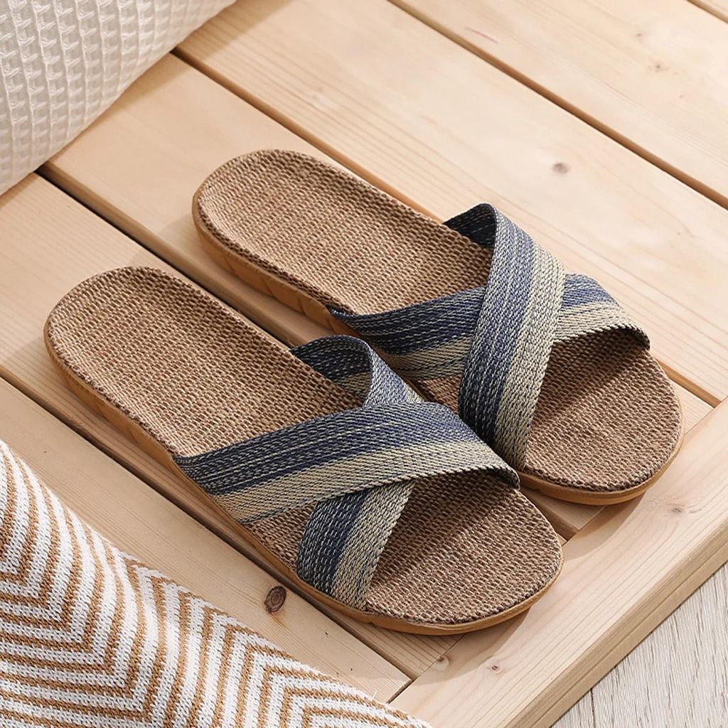 Men Indoor Linen Flat Open Toe Slippers