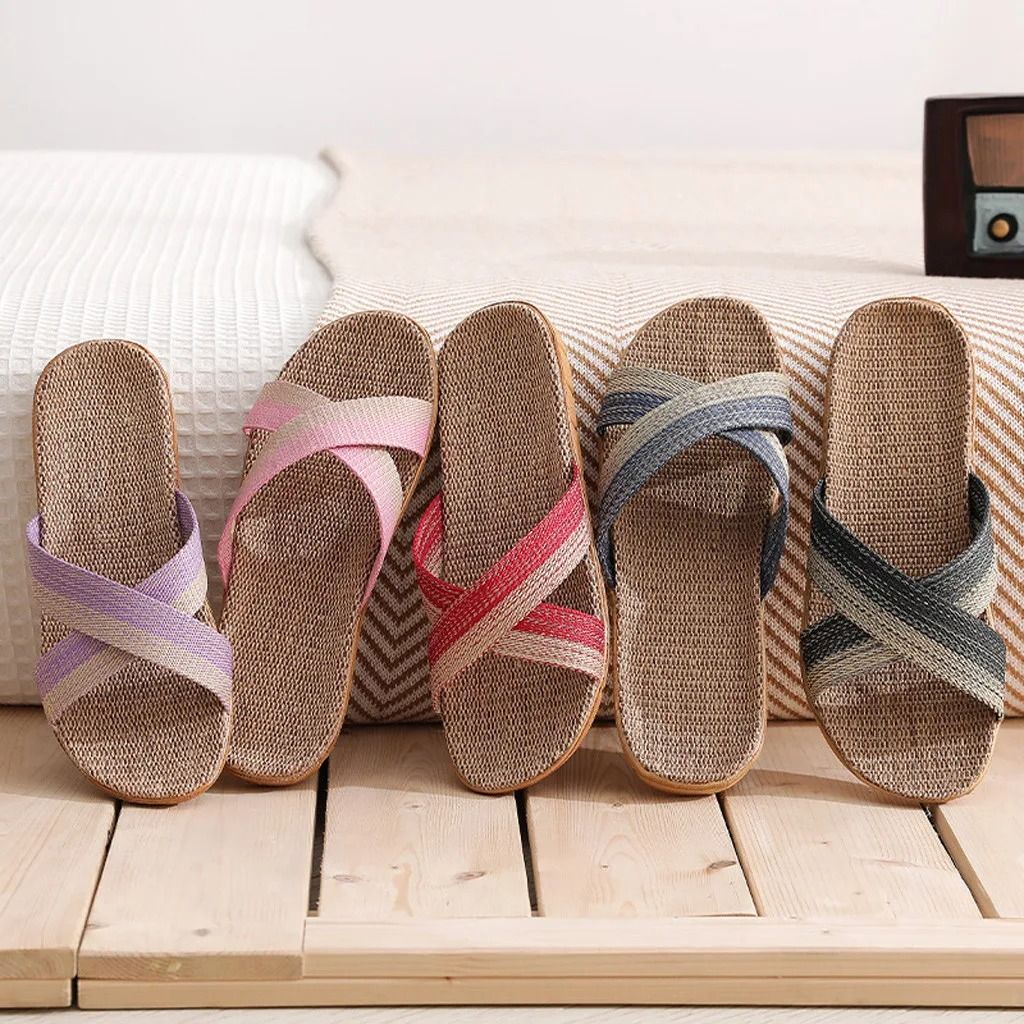 Men Indoor Linen Flat Open Toe Slippers 1