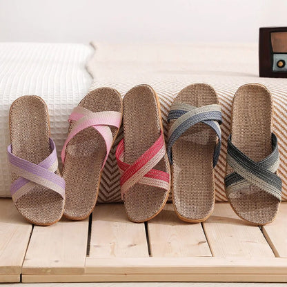 Men Indoor Linen Flat Open Toe Slippers 1