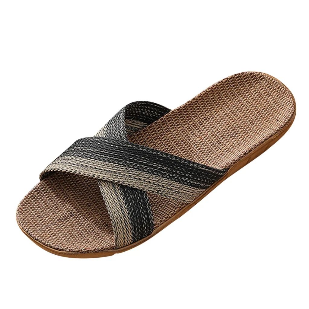 Men Indoor Linen Flat Open Toe Slippers 2