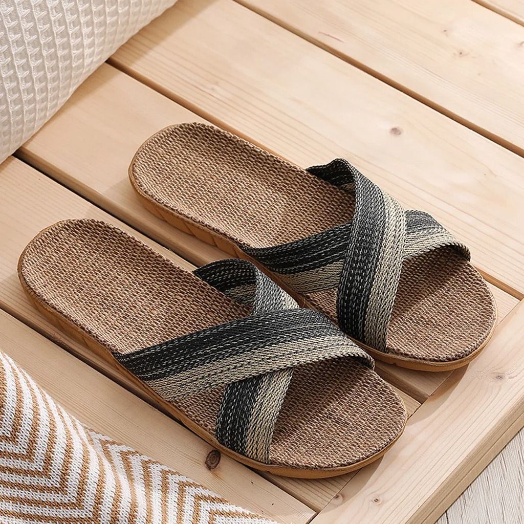Men Indoor Linen Flat Open Toe Slippers 5