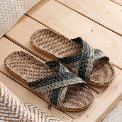 Men Indoor Linen Flat Open Toe Slippers 5