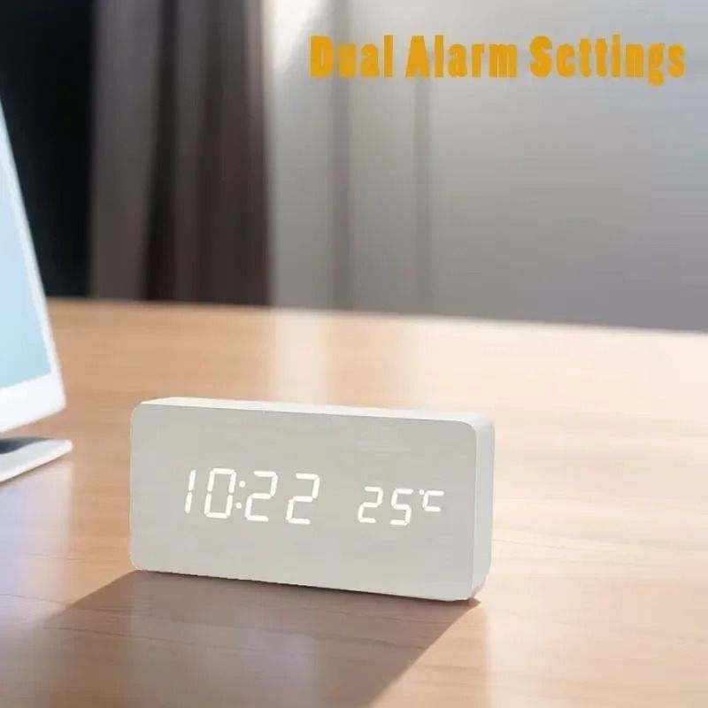 Wooden Digital LED Alarm Clock With Temperature Display 1