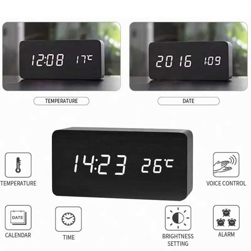 Wooden Digital LED Alarm Clock With Temperature Display 2