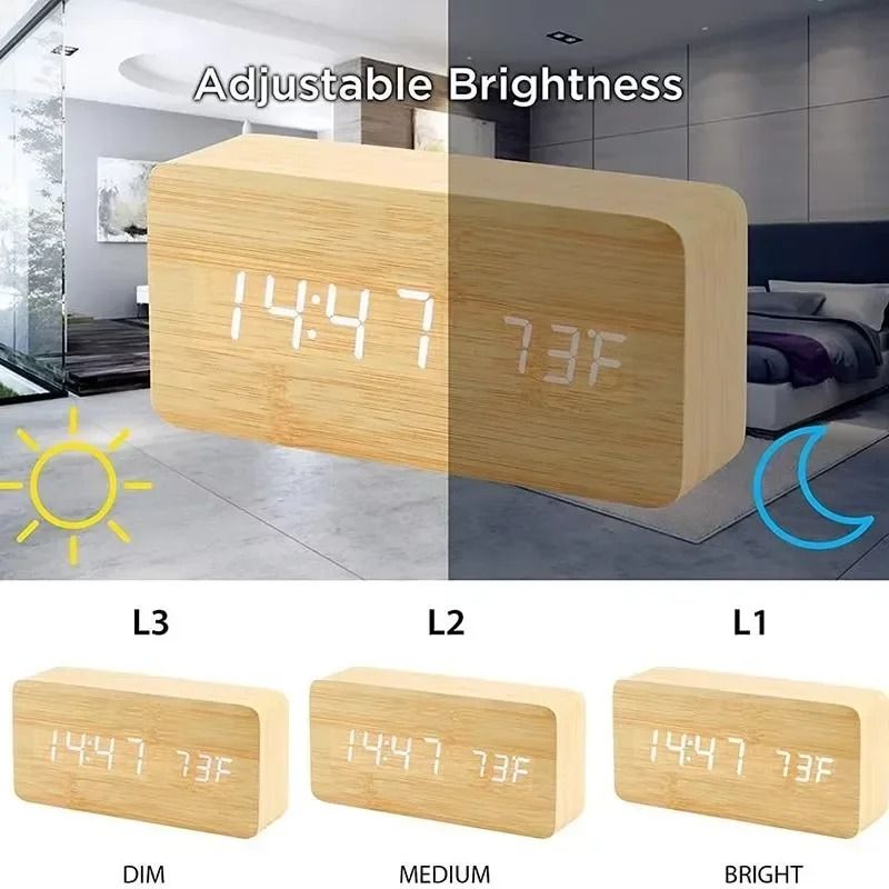Wooden Digital LED Alarm Clock With Temperature Display 3