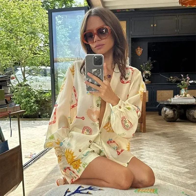 Women Fashion Elastic Waist Two Piece Floral Print Top And Shorts Set 1