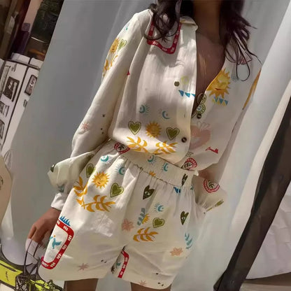 Women Fashion Elastic Waist Two Piece Floral Print Top And Shorts Set 4