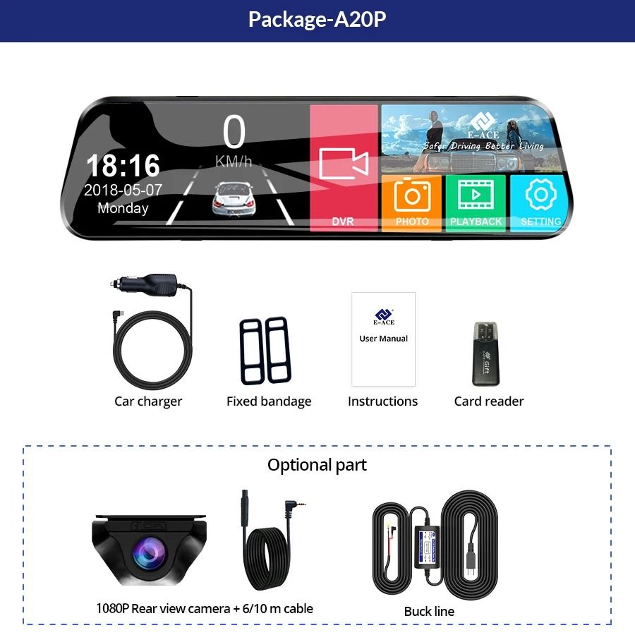 E ACE 10 Inch Touch Screen Car DVR Mirror Video Recorder Dash Cam 4