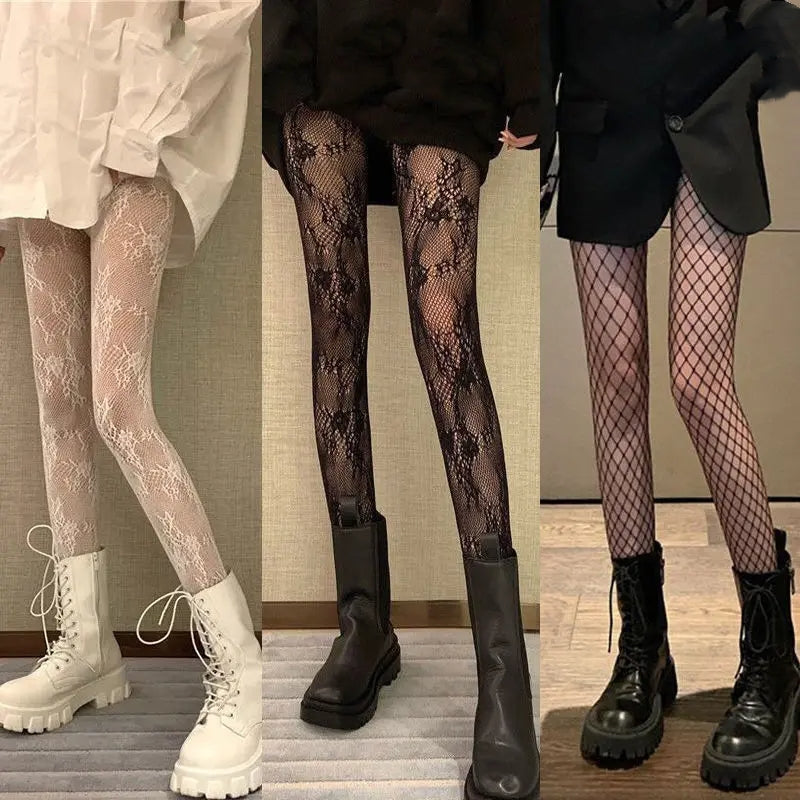 Japanese Classic Lolita Lace Mesh Stockings Retro Floral Rattan White Pantyhose Hollowed Out Bottomed Tights for Cosplay