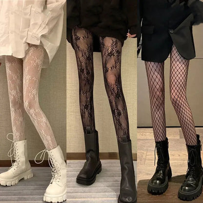 Japanese Classic Lolita Lace Mesh Stockings Retro Floral Rattan White Pantyhose Hollowed Out Bottomed Tights for Cosplay
