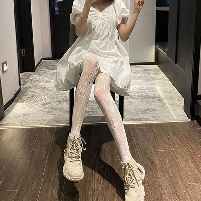 Japanese Classic Lolita Lace Mesh Stockings Retro Floral Rattan White Pantyhose Hollowed Out Bottomed Tights for Cosplay