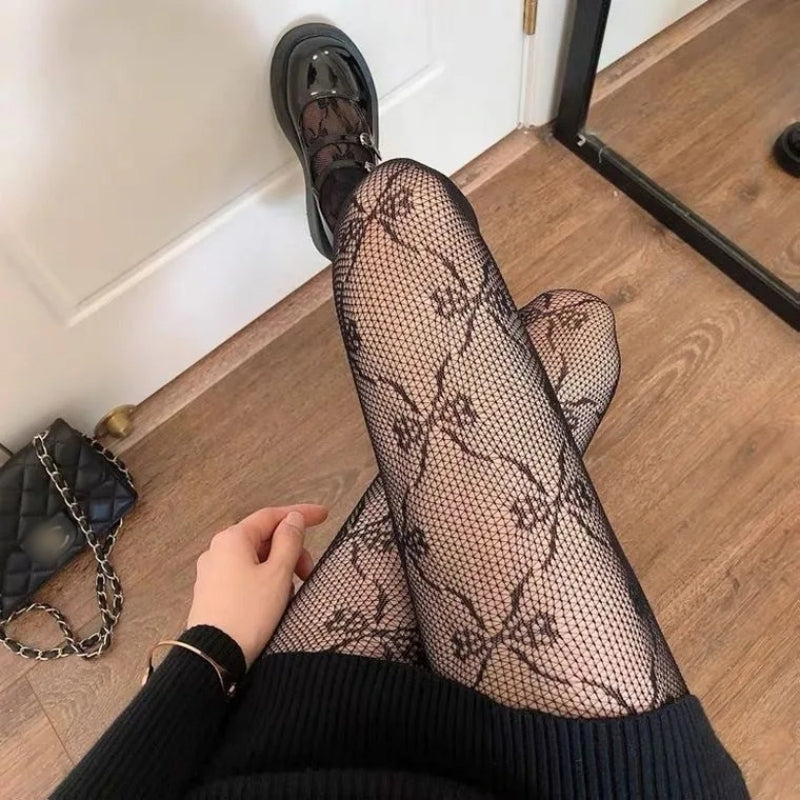 Japanese Classic Lolita Lace Mesh Stockings Retro Floral Rattan White Pantyhose Hollowed Out Bottomed Tights for Cosplay