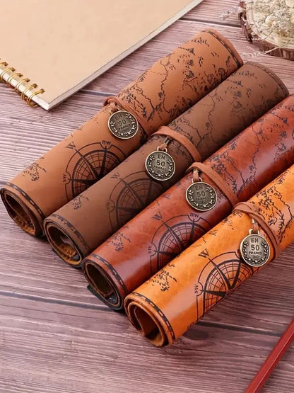 Leather Roll Up Pencil Case,Retro Treasure Map Design with Embossed Buckle,Spacious & Stylish Stationery Organizer