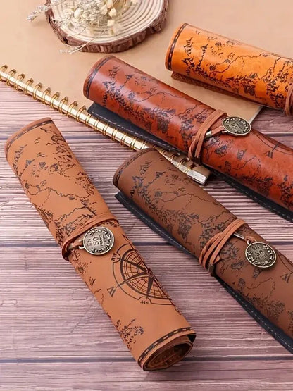 Leather Roll Up Pencil Case,Retro Treasure Map Design with Embossed Buckle,Spacious & Stylish Stationery Organizer