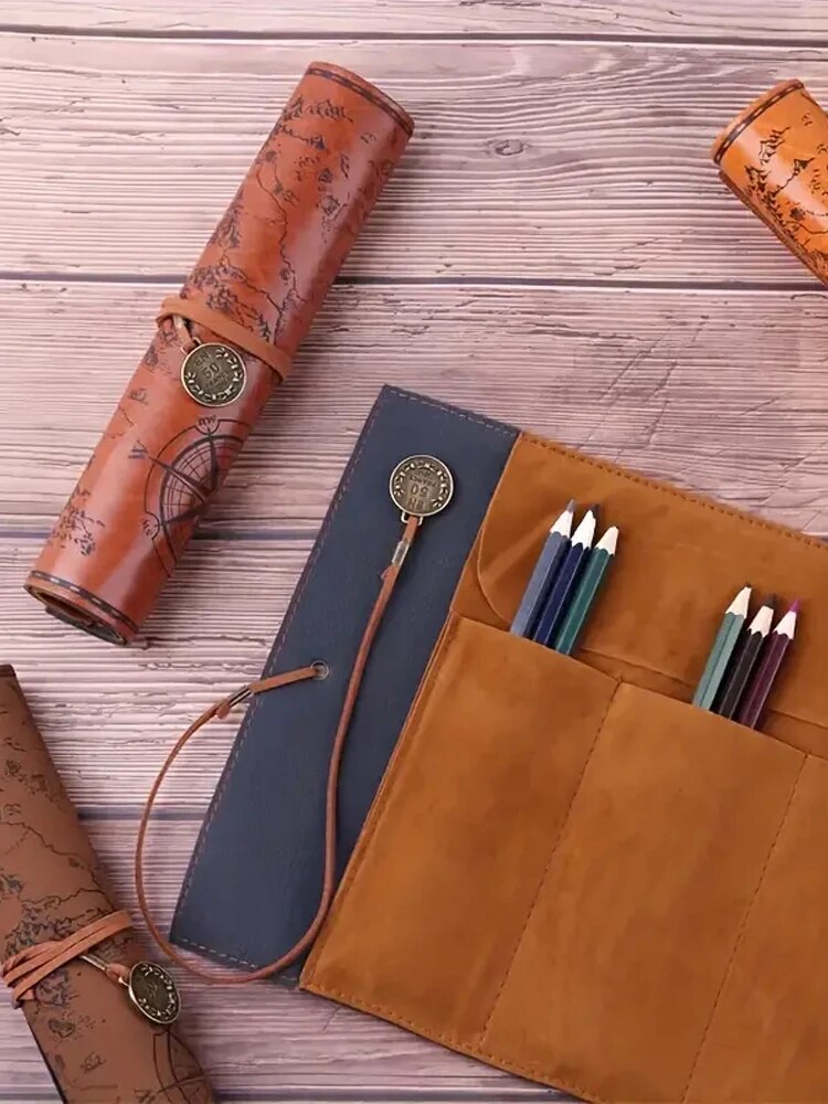 Leather Roll Up Pencil Case,Retro Treasure Map Design with Embossed Buckle,Spacious & Stylish Stationery Organizer