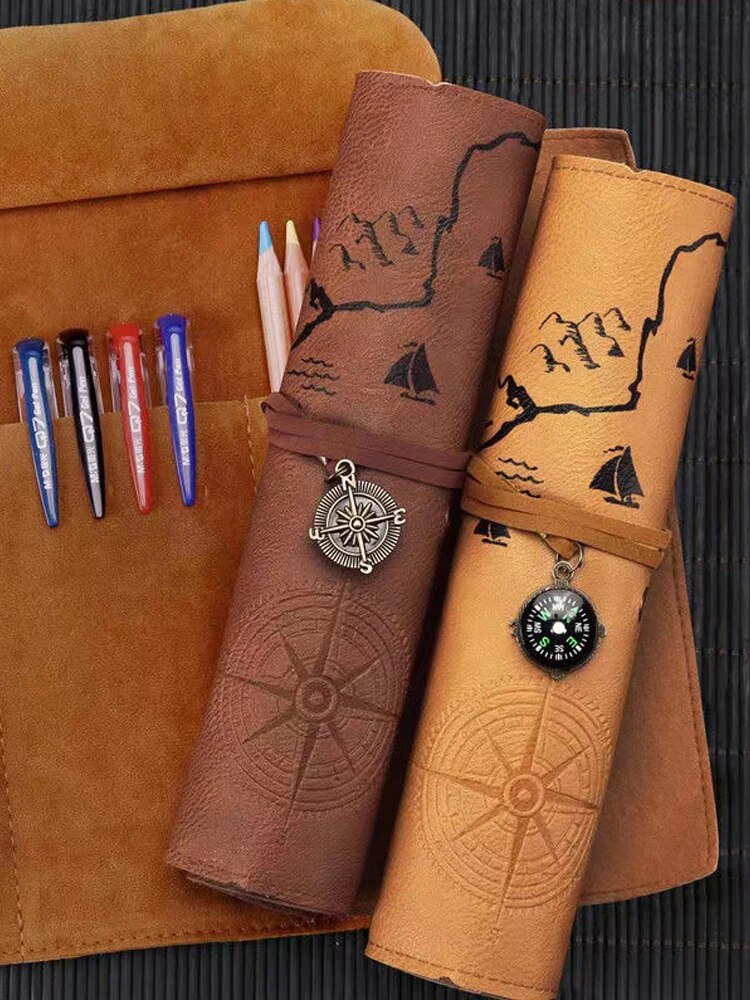 Leather Roll Up Pencil Case,Retro Treasure Map Design with Embossed Buckle,Spacious & Stylish Stationery Organizer