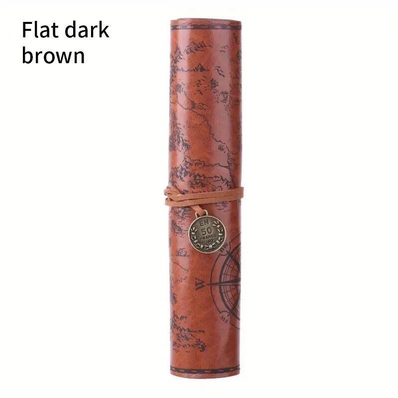 Leather Roll Up Pencil Case,Retro Treasure Map Design with Embossed Buckle,Spacious & Stylish Stationery Organizer