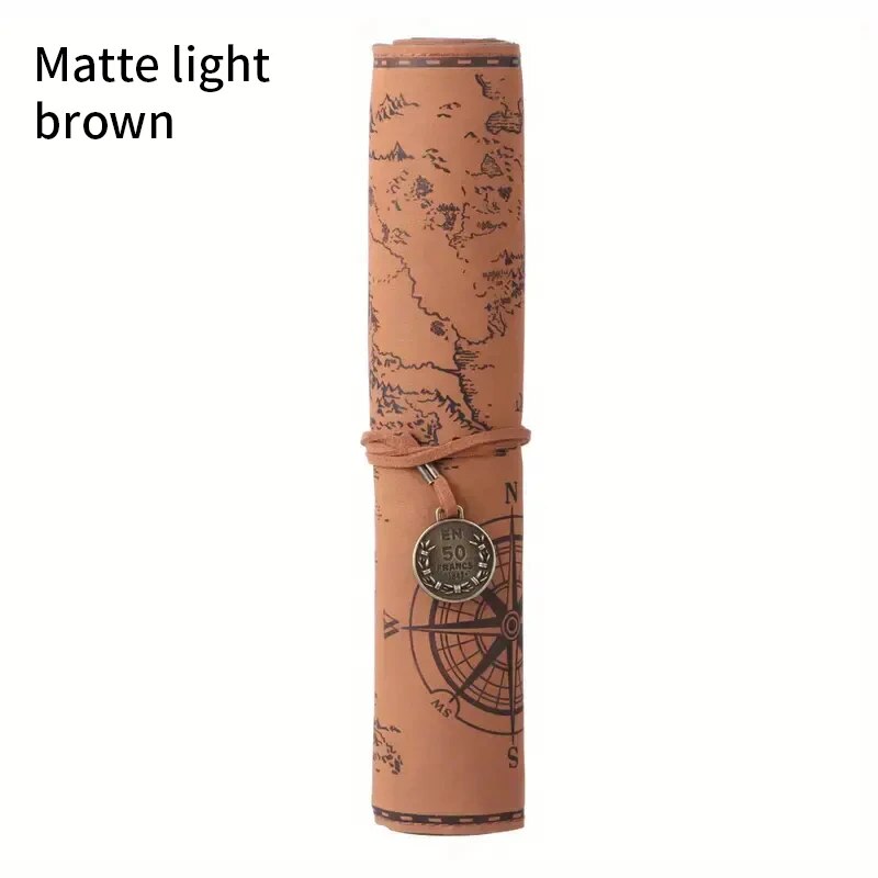 Leather Roll Up Pencil Case,Retro Treasure Map Design with Embossed Buckle,Spacious & Stylish Stationery Organizer