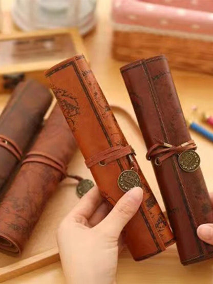 Leather Roll Up Pencil Case,Retro Treasure Map Design with Embossed Buckle,Spacious & Stylish Stationery Organizer